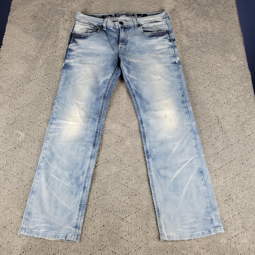 Affliction Jeans Mens 36S Blue Cooper Straight Faded Honeycomb Stretch Denim